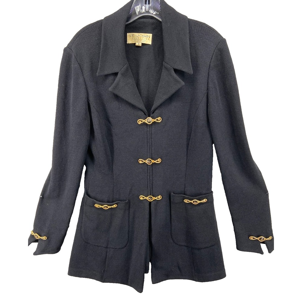 St. John Marie Gray Blazer Jacket Womens 8 Black Santana Knit Gold Clasps USA